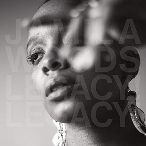 Black and white portrait of Jamila Woods with repeating “Legacy” text.