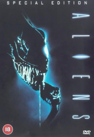 "Aliens DVD cover featuring a dark, blue-tinted alien head with sharp teeth."