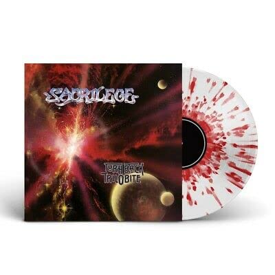 Vinyl record with red splatter effect, album cover shows space scene.