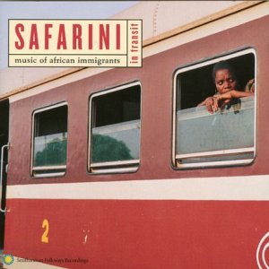 Album cover for "Safarini in Transit" featuring a man in a red train window.