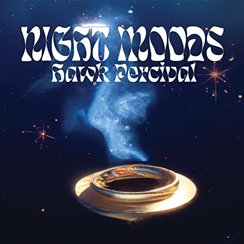 CD cover: “Night Moods” by Hawk Percival, cosmic imagery, coffee cup.