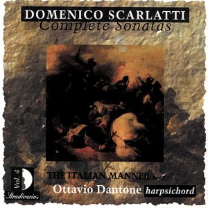CD cover for Scarlatti's 'Complete Sonatas vol.4' featuring a dark, textured background and battle scene.