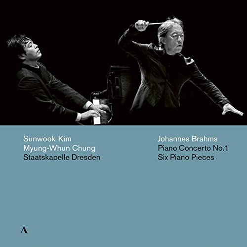 CD cover featuring a pianist and conductor in black and white over blue text.