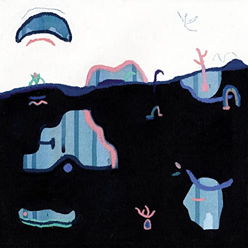 Abstract painting of blue and pink shapes against a dark background.