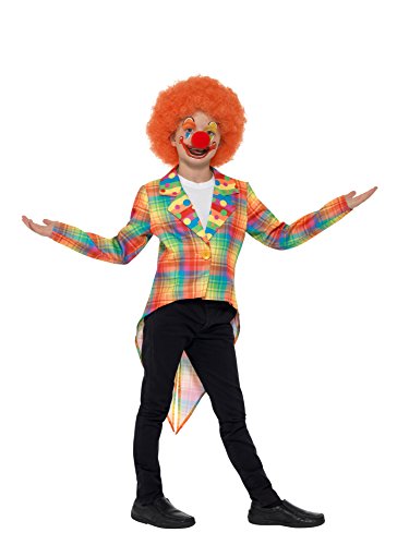 Man dressed as a clown, wearing a multicolored plaid jacket, black pants, and an orange wig.