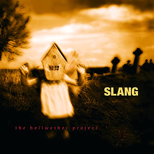 Child with a birdhouse head in a graveyard, album cover art.