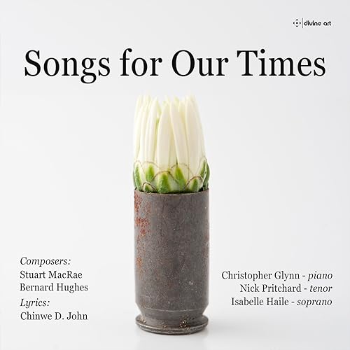 CD cover: white flowers in a rusted shell casing, text details composers.