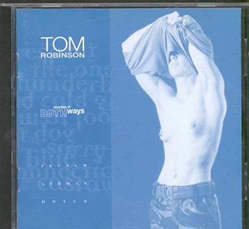 CD cover: Tom Robinson, shirtless, pulling up a t-shirt, blue background.