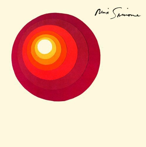 "Red vinyl record cover with concentric circles and Nina Simone's signature on a beige background."
