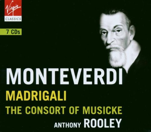 CD cover for Monteverdi’s Madrigali featuring a portrait of the composer.