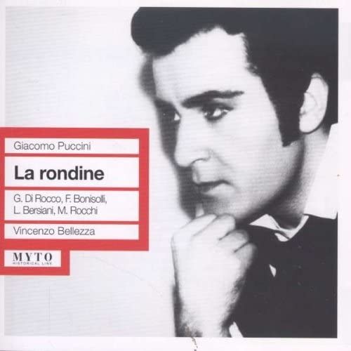 CD cover for Puccini’s “La Rondine” featuring a black and white portrait.