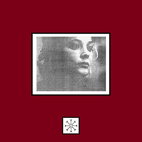 Grainy black and white portrait of a person framed on a red background.