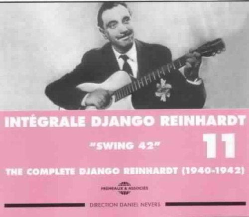 Black and white photo of Django Reinhardt playing a guitar, CD cover.