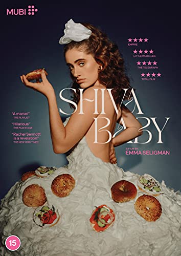 Shiva Baby" DVD cover featuring a woman in a bagel-decorated dress.