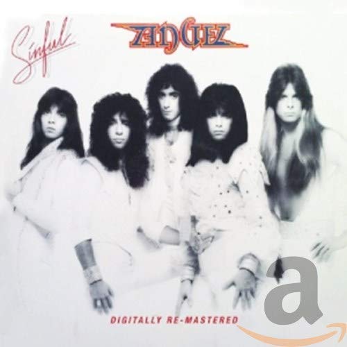 Angel "Sinful" CD cover: band photo with long hair, white outfits.