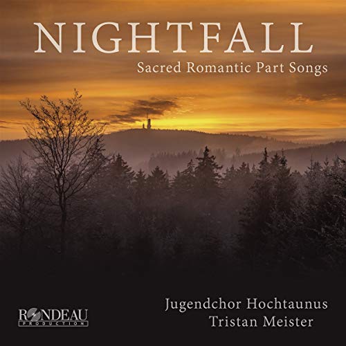 CD cover art: misty forest landscape at sunset with "Nightfall" title and artist names.