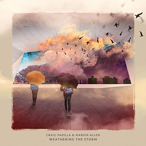 CD cover: people with umbrellas under stormy skies and birds.