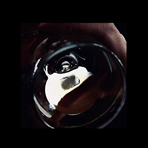 Close-up of a vinyl record held in a hand, dark background.
