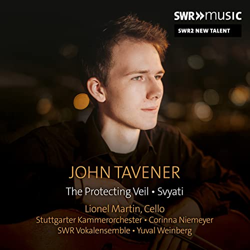 CD cover featuring young cellist Lionel Martin, with text “John Tavener”.