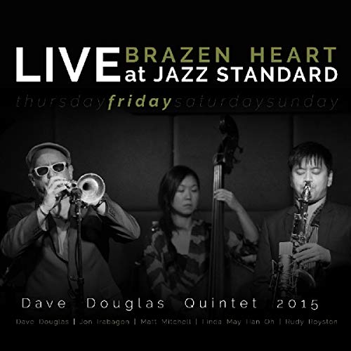 Black-and-white image of three musicians playing instruments with text "LIVE" and "Dave Douglas Quintet".