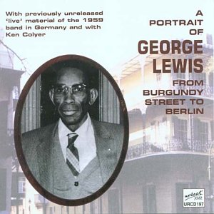 Album cover for George Lewis featuring a black-and-white portrait of the musician against a cityscape.