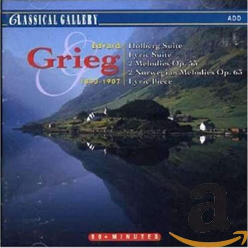 CD cover for Grieg’s Holberg & Lyric Suites, featuring a fjord landscape.