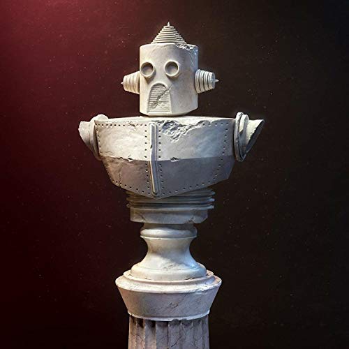 A gray robot head on a pedestal against a dark red background.
