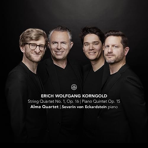Alma Quartet portrait with text: Korngold String Quartet & Piano Quintet.