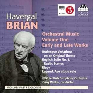 "CD cover with Havergal Brian's portrait, purple background, and musical notes."