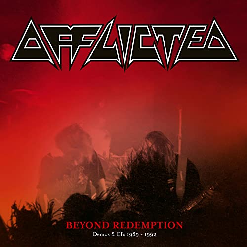 Album cover for Afflicted’s “Beyond Redemption” with a fiery, blurred background.