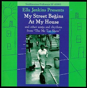 "CD cover with blue and green design, featuring Ella Jenkins and a child."