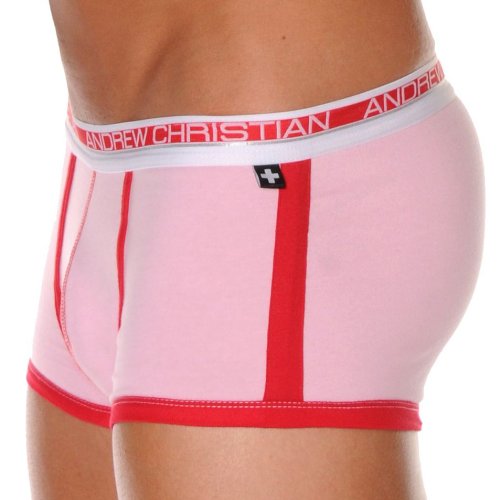 Pink and red men’s boxer briefs with a white waistband and logo.