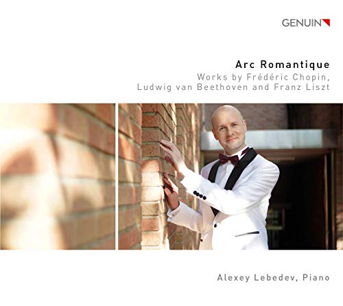 CD cover featuring pianist Alexey Lebedev in formal wear, leaning on a wall.
