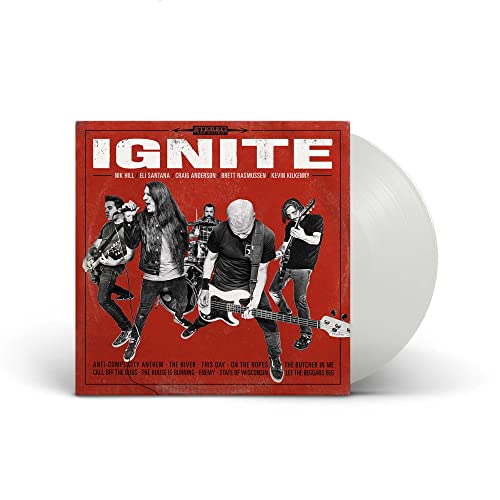 Red album cover for "Ignite" with band photo and vinyl record beside it.