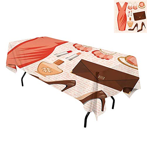 The image depicts a tablecloth with a fashion-themed design, featuring various accessories. Alt text: Tablecloth with fashion illustration, including dress, shoes, and accessories on a white background.