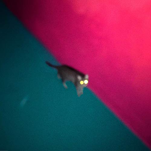 Black cat with glowing yellow eyes on a split pink and teal background.