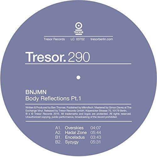 Vinyl record label with white text on a purple background, displaying song titles.