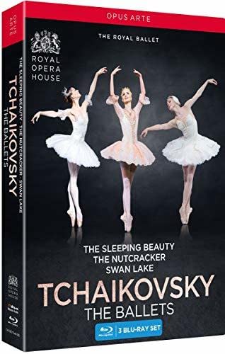 Blu-ray cover for Tchaikovsky’s ballets featuring three ballerinas in white tutus.