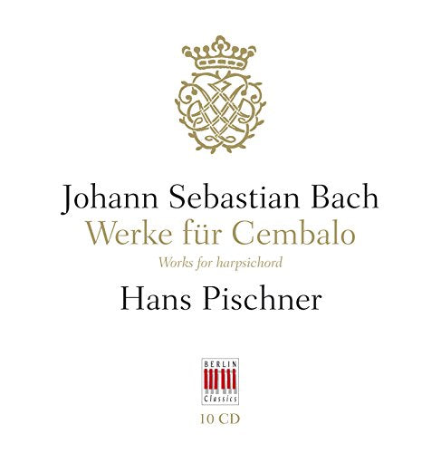 CD cover for Bach’s harpsichord works by Hans Pischner, gold and red text.