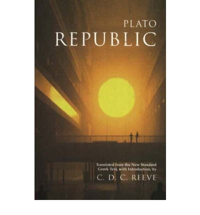 "Book cover of 'Republic' by Plato, featuring a sunset with silhouetted figures."