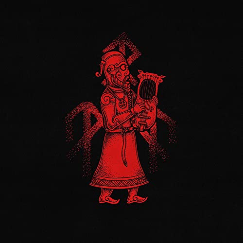 Red illustration of a Nordic skald playing a lyre, dark background.
