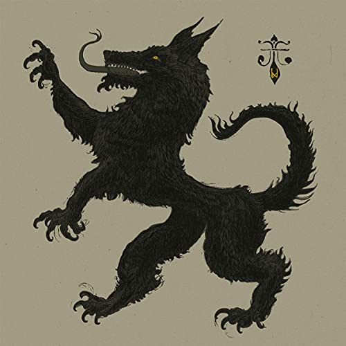 Black wolf illustration with raised paw and ornate symbol on beige.