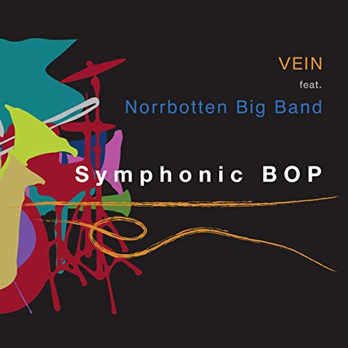 "Album cover with black background, colorful abstract musical shapes, and white, blue, and orange text."