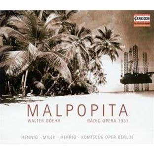 "CD cover with sepia-toned palm trees and industrial landscape, titled 'Malpopita'."