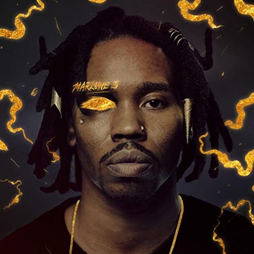 Portrait of a man with dreadlocks, gold accents on his face, and gold swirl patterns.