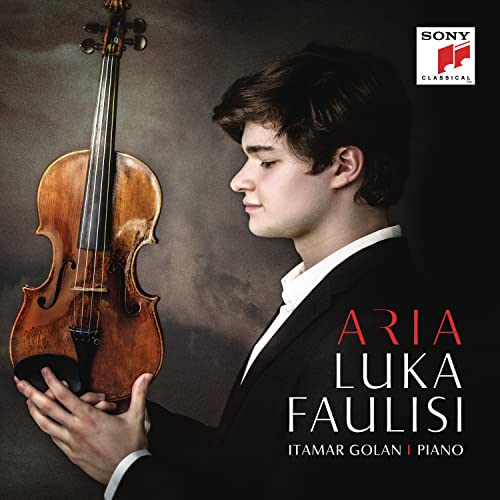 Violinist Luka Faulisi in profile with his violin, CD cover art.
