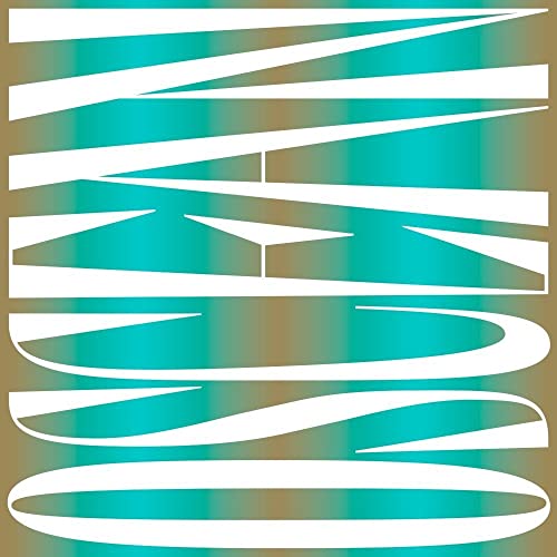 Vinyl record cover with repeating white lines on teal and brown background.