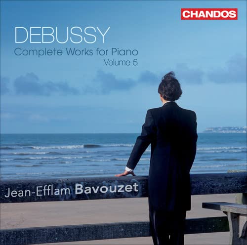 CD cover: pianist facing the sea, Debussy piano works volume 5.