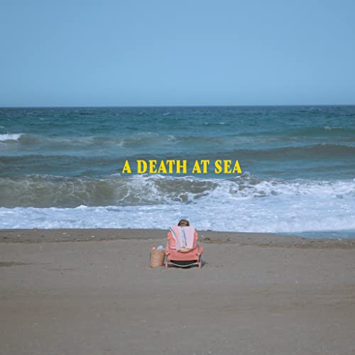 Beach scene with a person in a pink chair, album art.