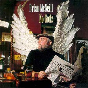 Man with white wings sits at a bar, reading a newspaper titled "The Scotsman".